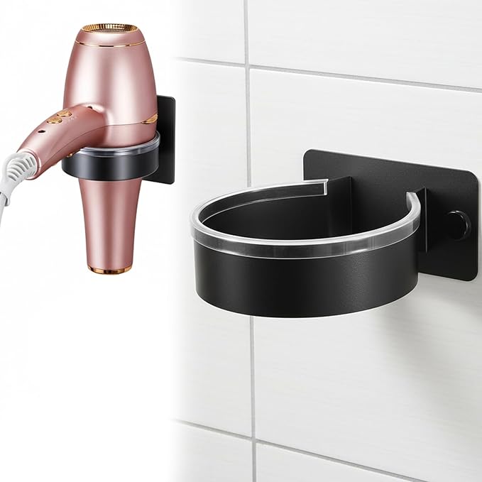 Dryer Holder Wall Mounted, Adhesive Stainless Steel Blow Dryer Stand Hair Tool Hairdryer Storage Organizer Hanger for Bathroom Cabinet Door Barber Shop (Black)