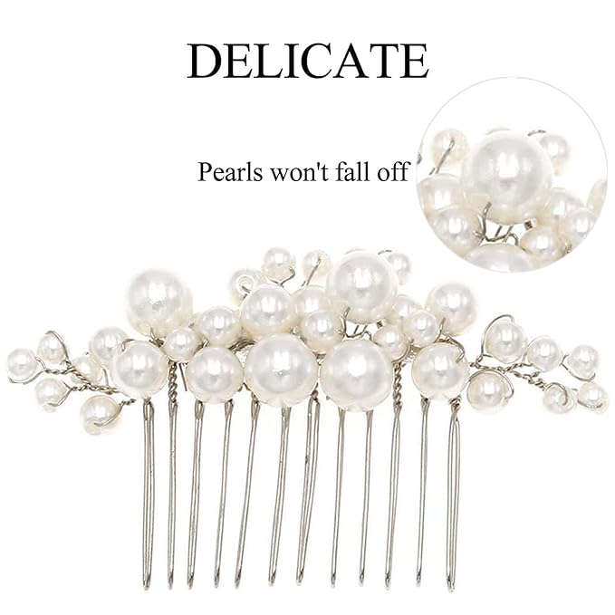 Pearl Hair Combs and Hair Pins for Bridal Women, Decorative Hair Accessories for Wedding Prom, Set of 5 (Silver)