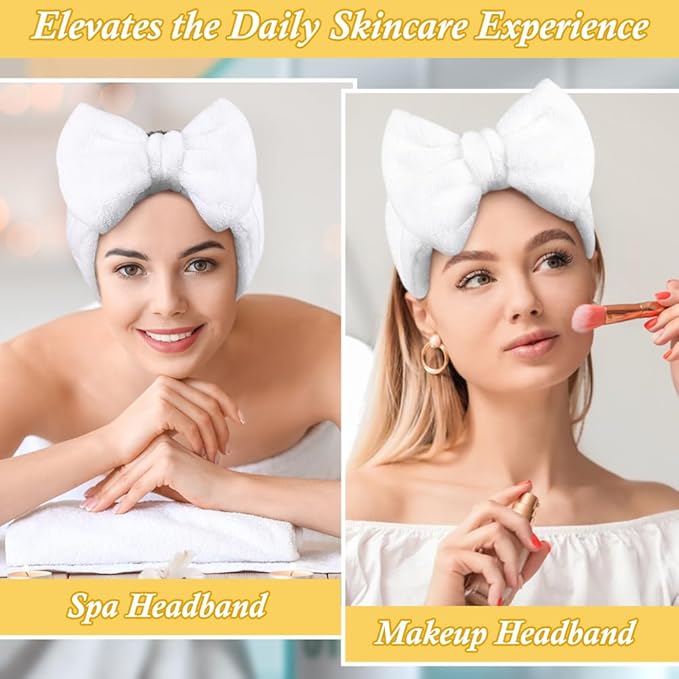 Shintop Skincare Headband, Soft Spa Headband Makeup Headwear with Cute Bow Elastic Hairband for Washing Face Facial Mask Showers（White）