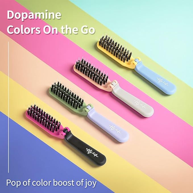 Uffy MiniPop Travel Hair Brush – Mini Folding Boar Bristles for Women, Men & Kids | Kid-Friendly Compact Comb for Wet & Dry Hair, Curly or Straight | Pocket-Size Detangler - Hot Pink on Black
