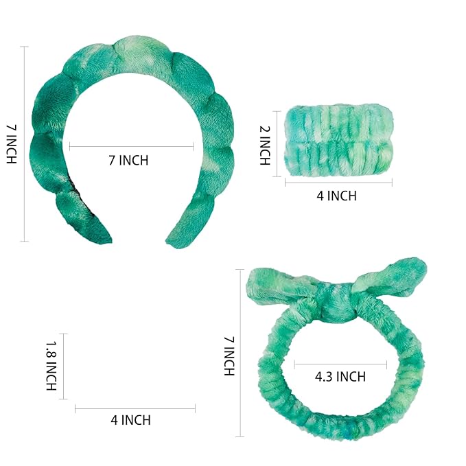 7 Pcs Spa Set, Facial Headband and Wristband Set, Skincare Accessories, College Style Girl Idea Gifts, Hair Accessories for Women and Girls (Tie Dye Green