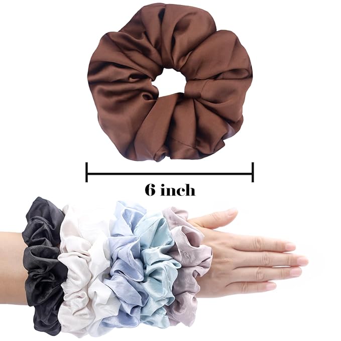 IVARYSS Big Scrunchies for Women Thick Hair, Premium Satin Softer than Silk, XL 6 Inch Extra Large Scrunchy Elastic Hair Bands Accessories, 6 Pack, Multi