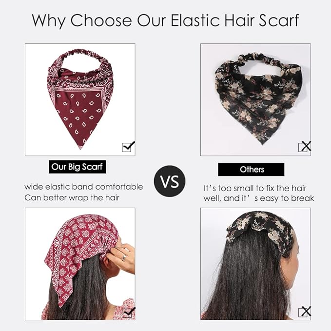 6 Pack Hair Scarf Headband for Women Elastic Bandana Head Scarf Large Boho Triangle Kerchief with Clips Non Slip Scarves