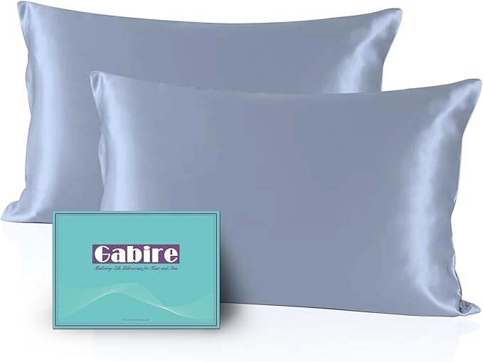 Mulberry Silk Pillowcases Set of 2, Both Sides Real Silk Pillowcase for Hair and Skin Cool Pillowcase Organic Silk Pillowcase 2 Pack with Hidden Zipper, Dusty Blue, Standard (20"×26")