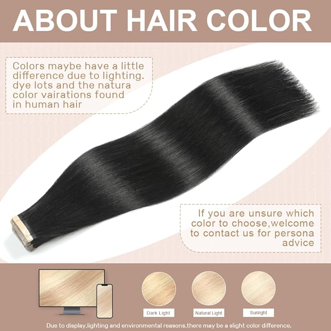 Tape in Hair Extensions Human Hair 16 Inch 20pcs Tape in Hair Extensions Invisible Real Human Hair Jet Black Remy Seamless Injected
