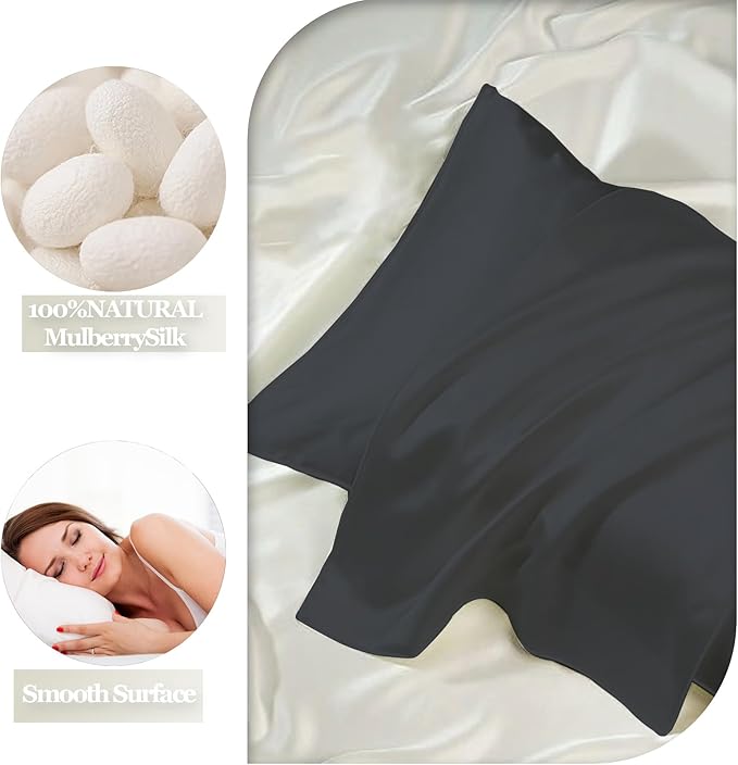 Silk Pillow Cases Queen - 6A Luxury 100% Mulberry Silk Pillowcase for Hair and Skin - Anti-Wrinkle, Cooling & Smooth, Hidden Zipper - Pillowcases for Sleeping Women, Black