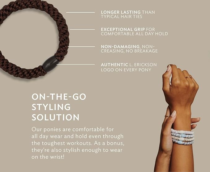 Black, Silver and White Hair Ties for Thick Hair, Grab & Go Pony Tube, 15 Pack, Light Silver Metallic Pack, Thick No-Crease Bands with Strong Hold, Damage-Free Design | L. Erickson