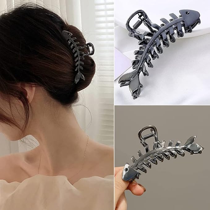 BELSITA Fish Bone Hair Clip, 1PCS Large Metal Black Non-Slip Hair Jaw Clamps Gold Hairpin Clips Fashion Hair Accessories, for Women Thick or Thin Hair Decorations