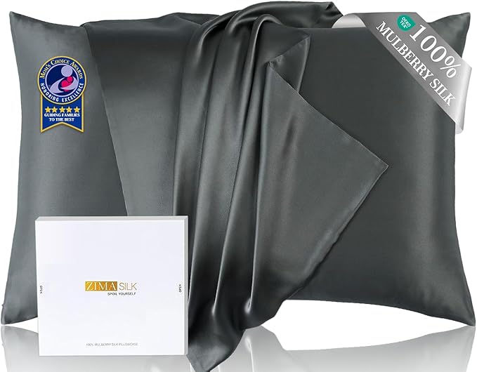 ZIMASILK Upgraded 100% 6A Grade Pure Mulberry Silk Pillowcase for Hair and Skin Silk Pillow Cases with Reinforced Hidden Zipper, More Soft & Durable, Gift Box (Standard 20"x26" Charcoal)