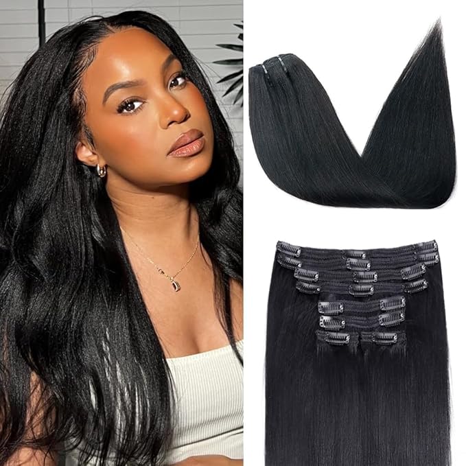Yaki Straight Clip in Hair Extensions for Black Women Brazilian Human Hair Extensions 8Pcs Remy Hair Extensions Clip in Human Hair with 18Clips Double Lace Weft 120g 14inch Natural Black