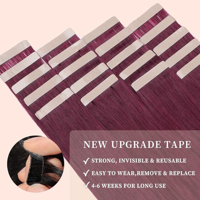 20 Inch Tape in Hair Extensions Human Hair Burgundy Wine Red 99J Invisible Tape in Hair Extensions Double Sided Seamless Skin Weft Hair (#A99J,20 Inch)