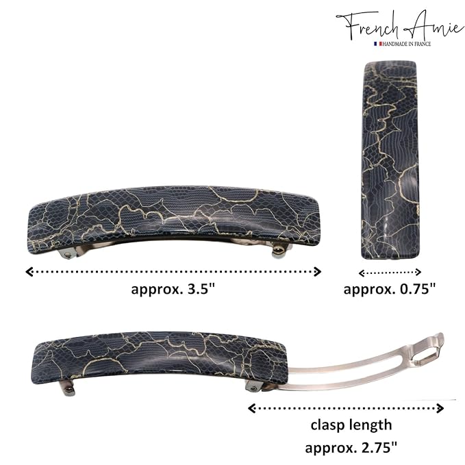 French Amie Oblong Black Net Large 3 1/2" Handmade Celluloid Made in France Automatic Strong Grip Hair Barrette for Women and Girls (Black Net)