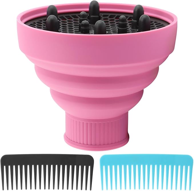 Universal Foldable Hair Dryer Diffuser, Travel Hair Dryer Diffuser Attachment with Comb, Portable Hairs Diffusers Blow Dryers Attachment for Natural Thick Hairs(Color:Pink)