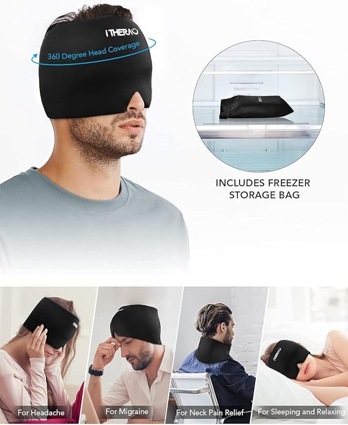 iTHERAU Migraine Ice Head Wrap-Headache Relief Hat, Migraine Relief Cap, Cold Therapy Headache Relief Cap Pink&Black Headache Ice Pack for Puffy Eyes, Tension, Sinus & Stress Relief
