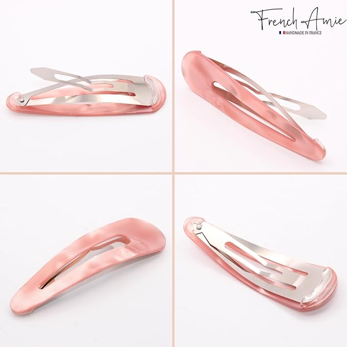 French Amie Clic Clac Large Handmade Celluloid Acetate Set of 2 Snap Hair Clips No Slip Side Slide-in Barrette for Women and Girls (Blush Pink)
