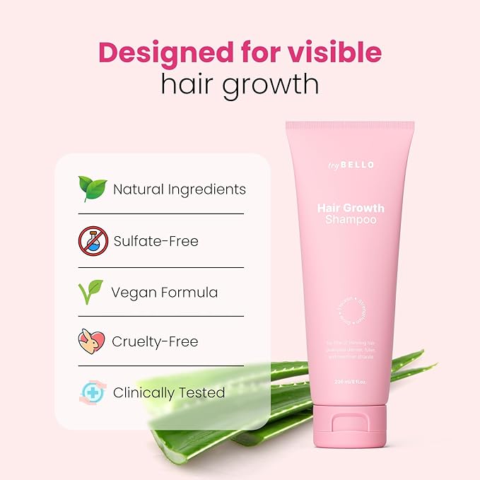Trybello Hair Growth Shampoo | Natural Hair Thickening & Scalp Detox | Sulfate Free, Vegan, Anti-Hair Fall Formula | Caffeine, Aloe Vera, Turmeric, Urucum Extract | For All Hair Types