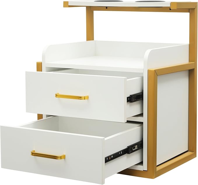 Suspended Salon Station for Hair Stylist, Wall Mounted Styling Salon Station Storage Cabinet w/2*Drawers &Hair Dryer Stand,Floating Nightstand Stylist Storage Cabinet for Home (Gold+White)