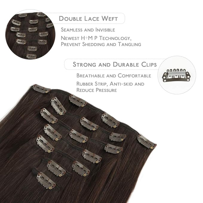 WENNALIFE Clip in Hair Extensions Real Human Hair, 18 Inch 120g 7pcs Dark Brown to Chestnut Brown and Dirty Blonde Highlighted Clip In Human Hair Remy Clip in Hair Extensions Double Weft