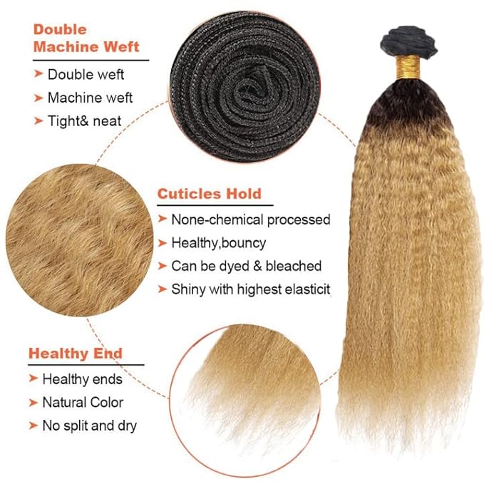1B27 Human Hair Bundles Ombre Kinky Straight Bundles 22 24 26 Inch Niegmeag Virgin Remy Hair Extensions Double Weft 2 Tone Black and Honey Blonde Bundle 150g