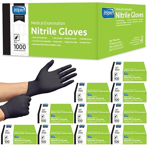 Inspire Case of 1000 Nitrile Gloves | THE ORIGINAL Quality Black Disposable Glove Latex Free | 4.5 Medical Cooking Cleaning Mechanic (Black Size Large)
