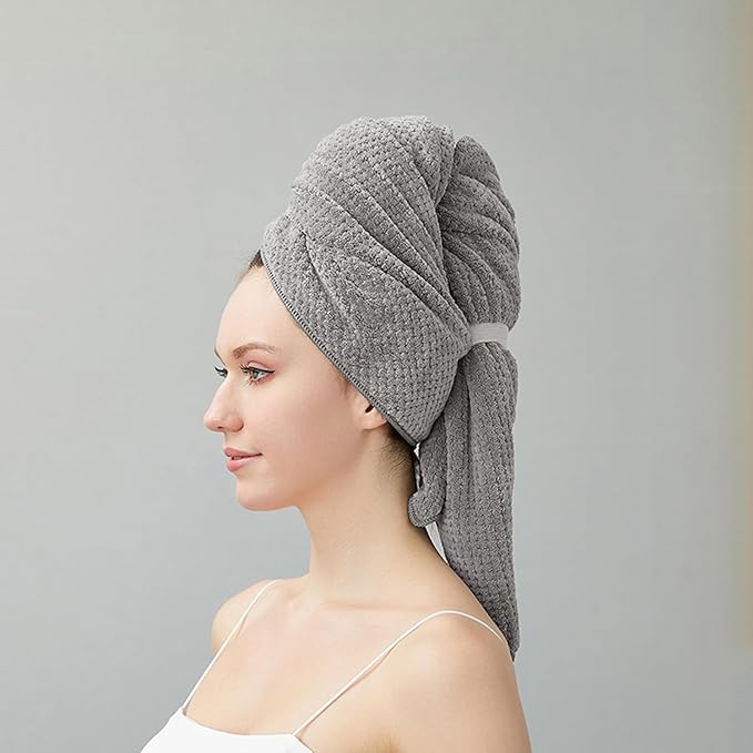 Women Microfiber Hair Towel Wrap with Elastic Strap,Super Absorbent Anti Frizz Drying Turban for Curly, Long,Wet Hair- Grey