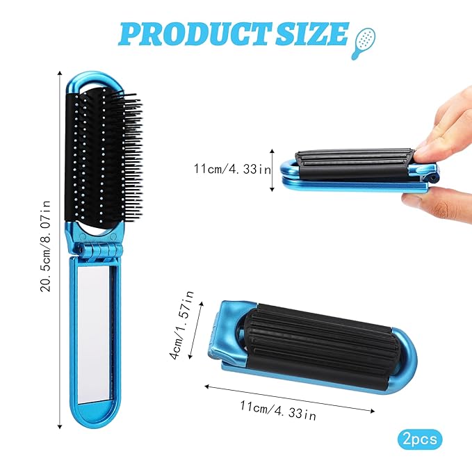 Mini Folding Compact Hair Brush with Mirror for Women and Girls, Massage and Pocket Comb for Travel, Gym, Purse, Swimming (Blue & Green)