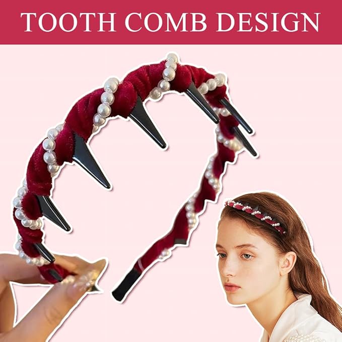 Vintage High Cranium Artificial Pearl Hairband, New Elegant Braided Pearls Headbands with Teeth for Women, Anti-slip Decorative Hair Bands Fashion Hair Accessories Gifts (Black, One Size)