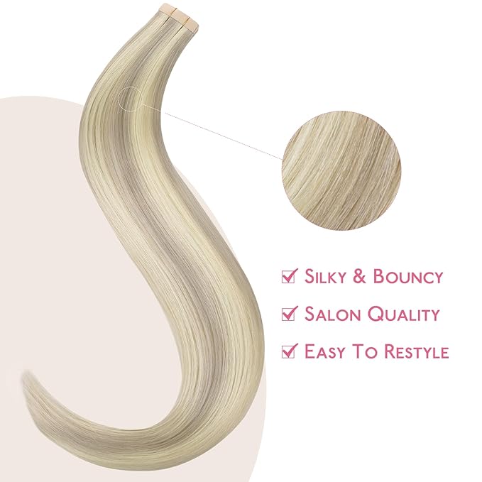 WENNALIFE Tape in Hair Extensions Human Hair Ash Blonde Highlighted Platinum Blonde Tape in Extensions, 10pcs 30g 20 inch Remy Invisible Tape Ins Straight Soft Real Human Hair Tape in Extensions
