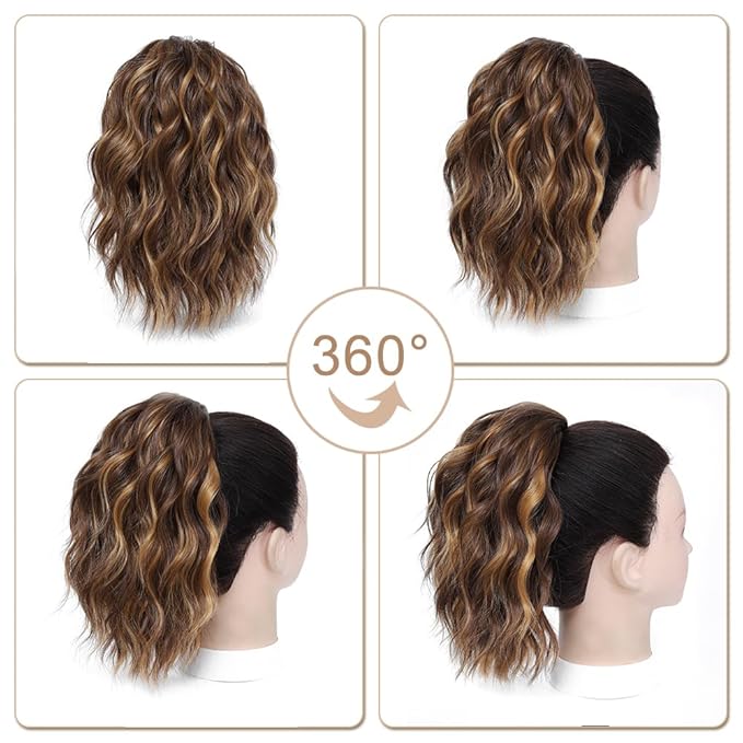 Ponytail Extension-12 Inch Drawstring Ponytail Hair Extensions for Women Synthetic Curly Wavy Fake Pony Tails Hair Pieces for Daily Party Use (Chestnut Brown Mix Golden Highlights)