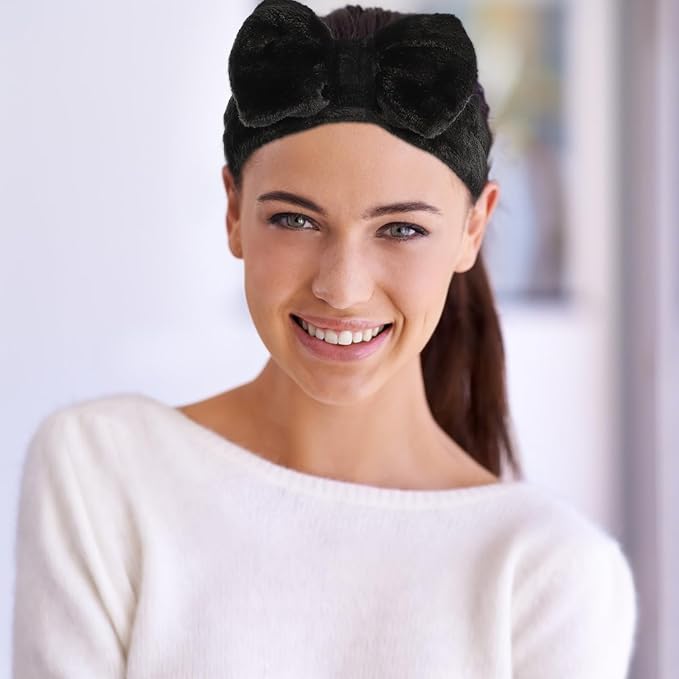 Water Absorbent Makeup Headbands and Wristbands Soft Wide Spa Hairbands for Women Non-slip Comfortable Face Cleaning and Bath Accessories Black Hair Wrap Kit