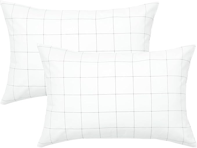 JELLYMONI 100% Natural Cotton Plaid King Pillowcases Set, 2 Pack White with Black Grid Geometric Pattern Printed Pillow Covers with Envelope Closure(Pillows are not Included)
