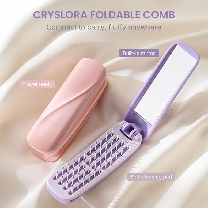 4 Pcs Foldable Travel Hair Brush, Compact and Lightweight with Mirror, Self-Cleaning Design, Mini Hair Detangle Comb with Soft Bristles, Small Pocket Brush for Purse