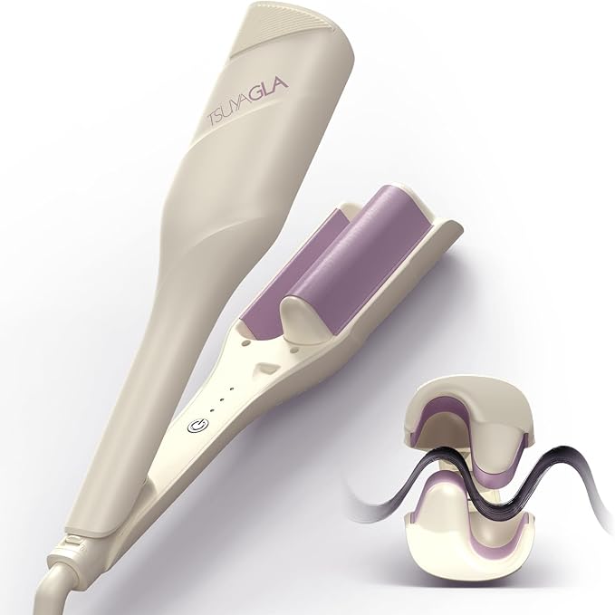 Hair Waver Crimper - TSUYAGLA 1.42 Inch Beach Waves Curling Wand, 2 Barrel Ionic Deep Waver Hair Curler Tool for Women, Anti-Scald Protection, Fast Heating, Dual Voltage, White