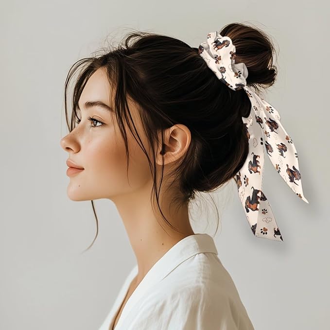 Dachshund Cute Hair Scrunchies with Ribbon 2 Pcs Paw Print Knotted Bow Satin Scarf Scrunchy Travel Accessory Animal Bow Hair Ties for Girls