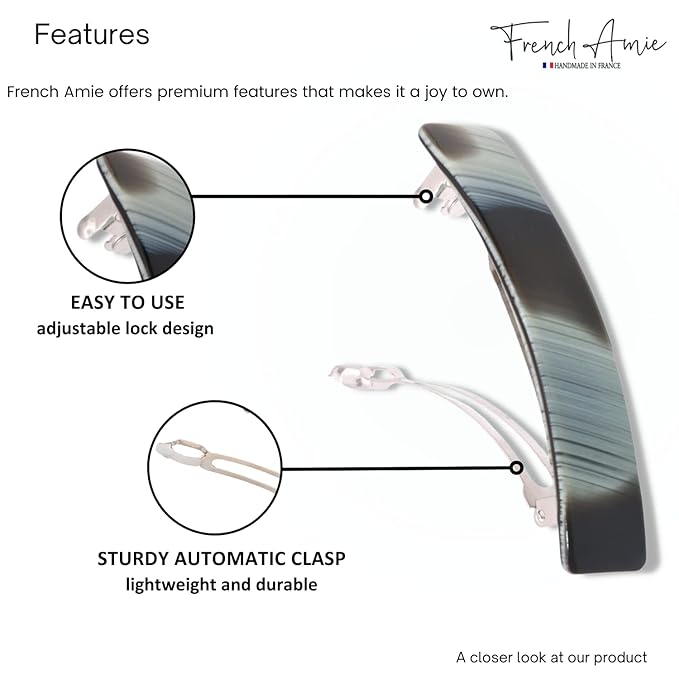 French Amie Oblong Handmade 3.5" Celluloid Automatic Hair Clip Barrette French Hair Clip for Girls Strong Hold Hair Clips for Women No Slip Durable Paris Hair Accessories, Made in France (Ivory Black)