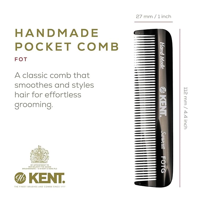 Kent A FOT Handmade Pocket Comb for Men, Women and Kids, All Fine Tooth Hair Comb Straightener for Everyday Grooming and Styling Hair, Beard and Mustache, Saw Cut and Hand Polished, Made in England
