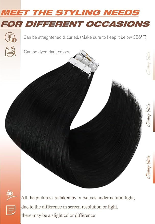 Sunny Hair Tape in Hair Extensions Human Hair 12inch Hair Extensions Real Human Hair Tape in Extensions for Women Jet Black Invisible Remy Hair Natural Straight Skin Weft Double Sided Tapes 20Pcs 30g