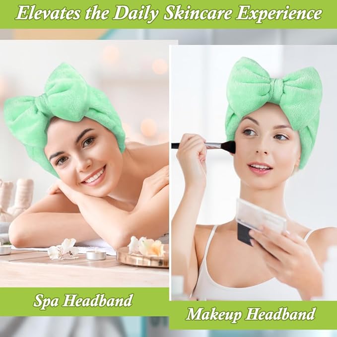 Shintop Makeup Headband, Soft Face Wash Headband with Cute Bow Elastic Spa Hairband for Skincare Facial Mask Showers（Light Green）