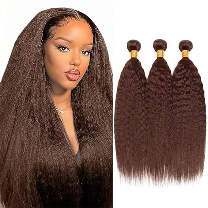 Chocolate Brown Bundles Human Hair Color 4 Kinky Straight Bundle Brazilian Virgin Remy Hair 3 Bundles 24 24 24 Inch Niegmeag Double Weft Brown Yaki Straight Bundle Hair Weave 300g