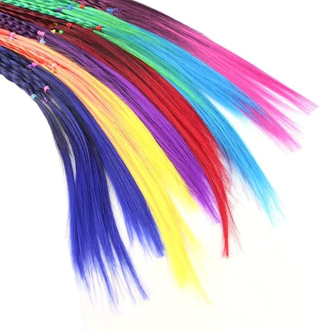 Colored Braids Hair Extensions with Rubber Bands Rainbow Braided Synthetic Hairpieces Ponytail Hair Accessories for Women Kids Girls Party Highlights Cosplay Dress Up (12PCS B Style)