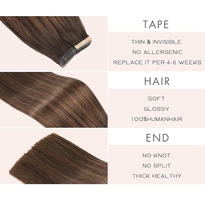 Tape in Hair Extensions Human Hair Balayage Dark Brown Mixed Chestnut Brown Remy Hair Extensions 20pcs 14 Inch Human Hair Tape in Extensions Skin Weft Tape Extensions Human Hair (2/2/6#,14 Inch)