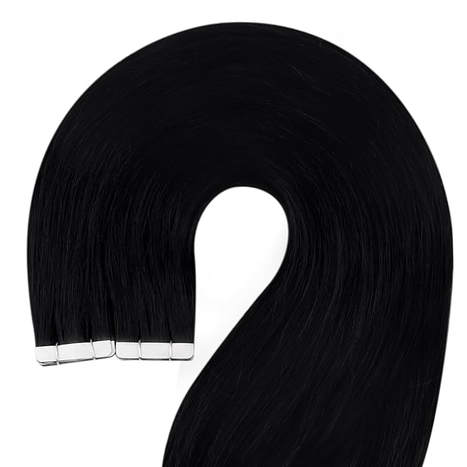 YoungSee Tape in Hair Extensions Black Human Hair Tape in Extensions Jet Black Invisible Tapes ins Human Hair Extension for Short Hair 12 Inch 20pcs Remy Hair Extension Tape-in Soft and Shiny 30g