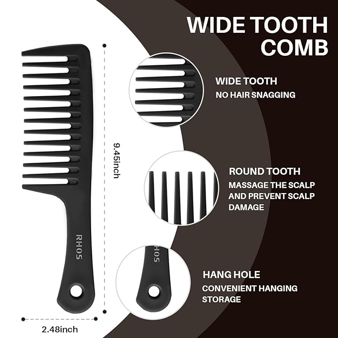 RHOS Comb Set for Women and Men, 3 Pieces - Wide Tooth, Rat Tail, Dresser Hair Combs - Detangling Hair Combs for All Hair Types - Black