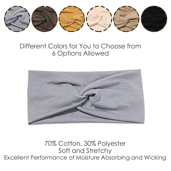 Artilady 6 Pack Wide Boho Headbands for Women - Soft Yoga Elastic Hair Bands for Girls Workout Running Sport Headwrap Non-slip Breathable (Solid)
