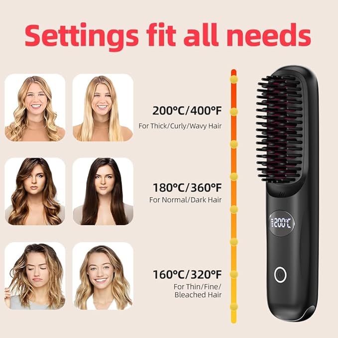Cordless Hair Straightener Brush: Portable Rechargeable Heated Straightening Comb with LED Display & 3 Temperature Settings - Travel Hair Brush for Smooth Frizz-Free Styling (Black)