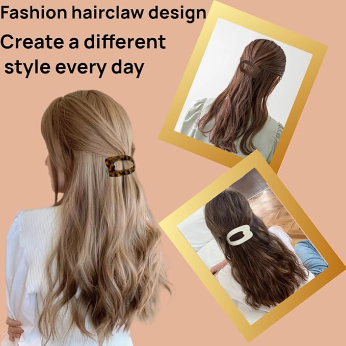 Women Flat Hair Clips,4-Pack French Large Matte Non-Slip Claw Hair Clips for Thick or Thin Hair (Red leopard print,Yellow leopard print,Black,Matte Dark Brown)