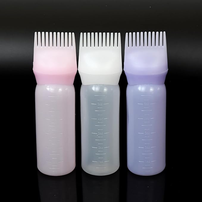 YANTAISIYU Root Comb Applicator Bottle 6 Ounce Hair Oiling Applicator 3 Pieces Hair Dye Bottle Hair Root Comb with Graduated Scale (Pink White Purple)
