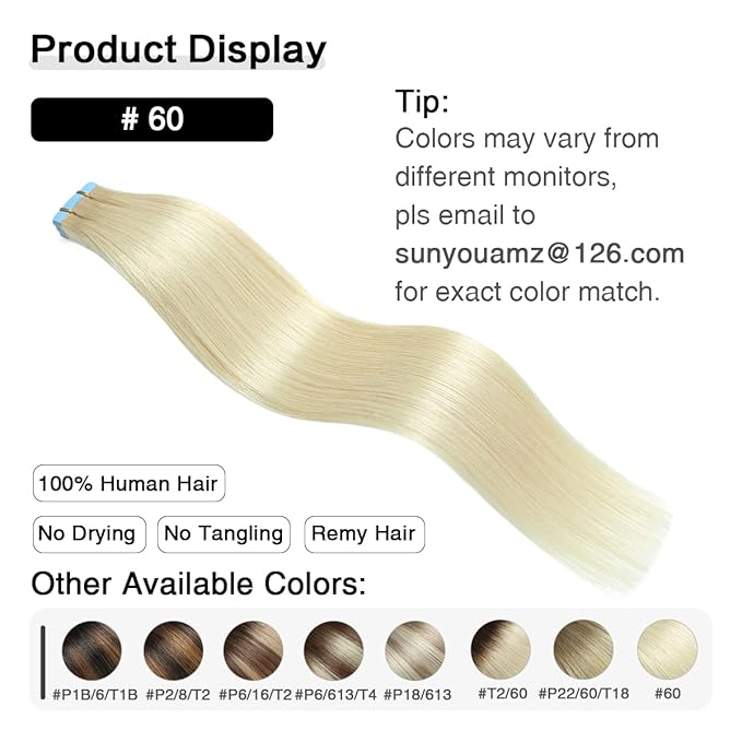 SUYYA Tape in Hair Extensions Human Hair Platinum Blonde 16 Inch 40g/pack 20pcs Straight Seamless Skin Weft Tape in Real Human Hair Extensions(16inch #60)