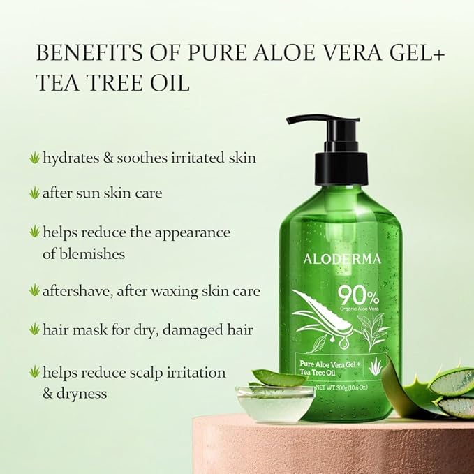 Aloderma Aloe Vera Gel + Tea Tree Oil, Made with Refreshing Organic Aloe for After Sun Skin Care, Multipurpose Use for Hair and Scalp, and Face or as a Shaving Gel or Aftershave - 10.6Oz x 6btls
