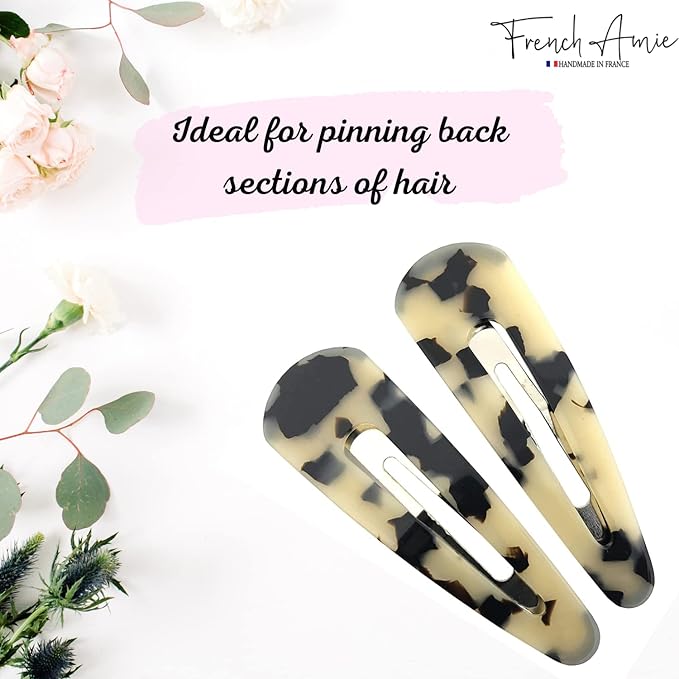 French Amie Clic Clac Large Handmade Celluloid Acetate Set of 2 Snap Hair Clips No Slip Side Slide-in Barrette for Women and Girls (White Tokyo)